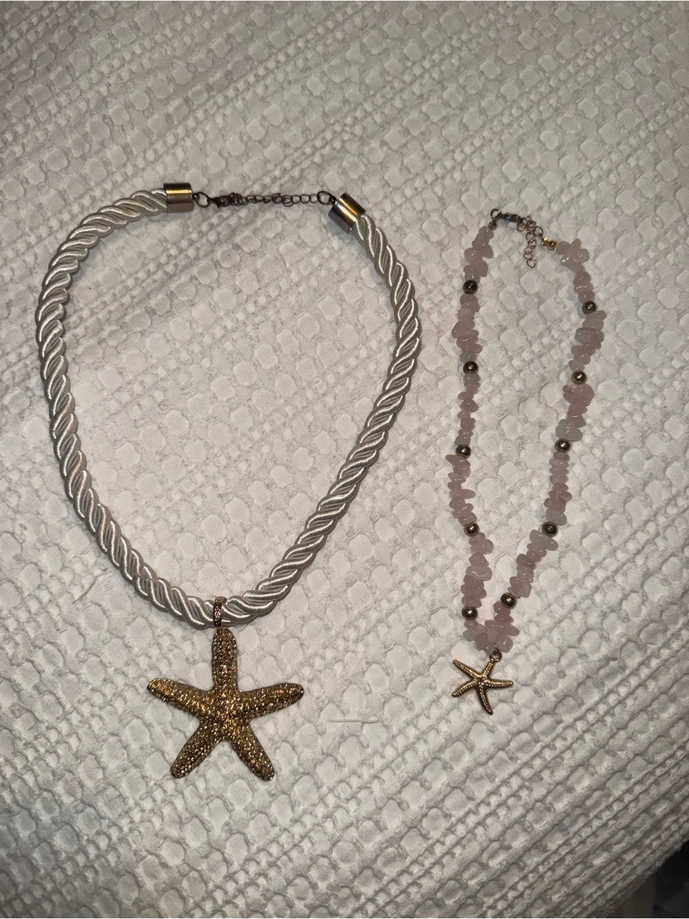 2 x Starfish Necklace gold on white rope and pink beach gem stone
